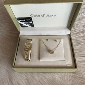 NEW Cote d’ Azur Faux Gold Matching Watch, Necklace & Earrings Jewelry Gift Set